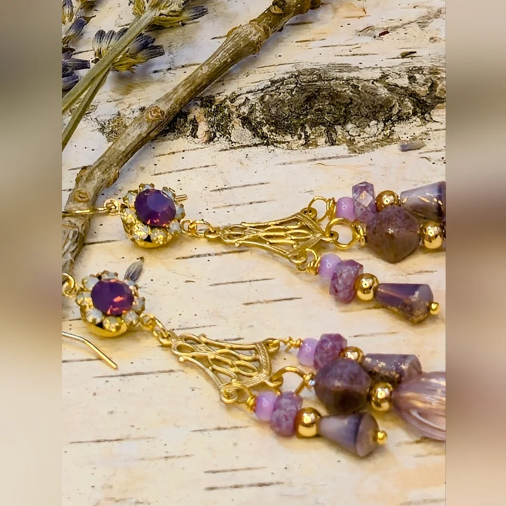 Victorian Opaline Purple W/ Crystal Flowers In 3 Strands Long GP Earrings